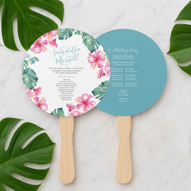 Éventail Ventilateur du programme de Mariage tropical (Tropical beach wedding program fan template with watercolor pink flowers and palm leaves)