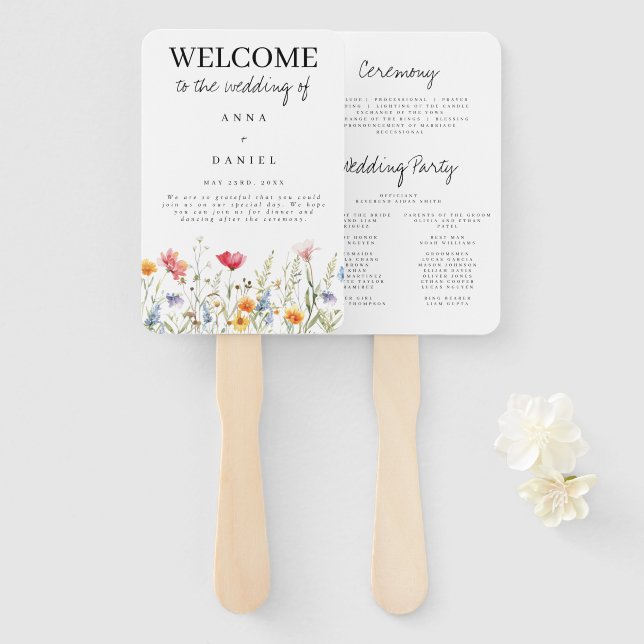 Éventail Ventilateur main Mariage Fleur sauvage aquarelle (Devant et derrière)