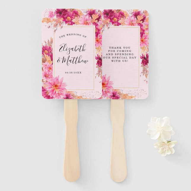 Éventail Ventilateur Mariage Chrysanthème rose chaud (Devant et derrière)