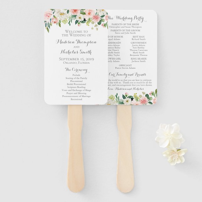 Éventail Ventilateurs du programme de mariage rose et blanc (Devant et derrière)