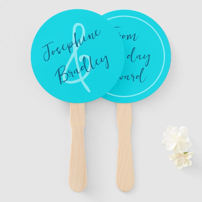 Éventail Ventilateurs Mariages en forme de coeur bleu Aqua (Devant et derrière)