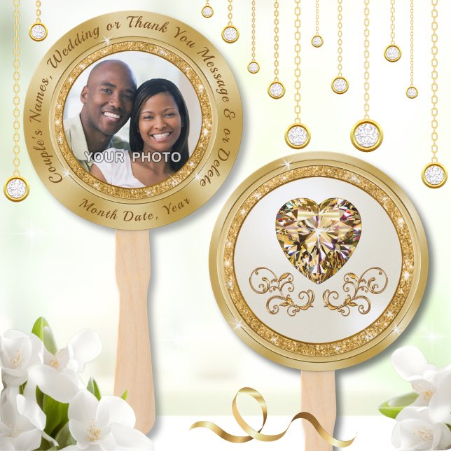 Éventail Ventilateurs personnalisés pour Mariage avec PHOTO (Personalised Fans for Wedding. Gold, Ivory and Champagne, Wedding Paddle Fans. Wedding Photo Favors.)