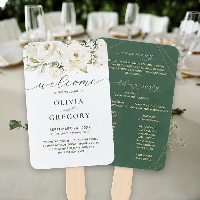 Éventail Vert Elégante aquarelle blanche florale (Créateur téléchargé)