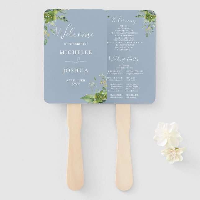Éventail Vert Floral Élégant Dusty Blue Wedding Programme (Devant et derrière)