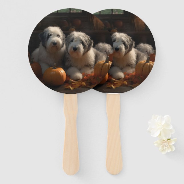 Éventail Vieux anglais Sheepdog Chiot Chiot Automne Citroui (Devant et derrière)