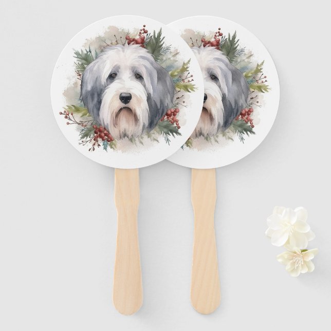 Éventail Vieux anglais Sheepdog Christmas Wreath Festive Pu (Devant et derrière)