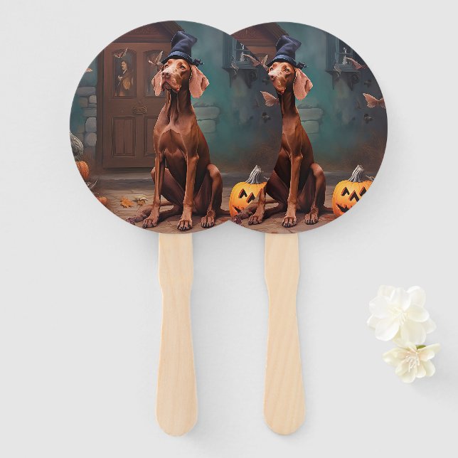 Éventail Vizsla Citrouille Halloween effroi (Devant et derrière)