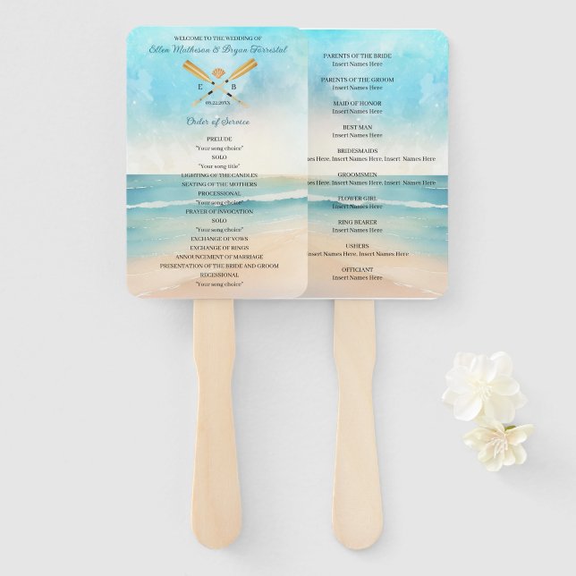 Éventail Watercolor Beach Oars Mariage (Devant et derrière)