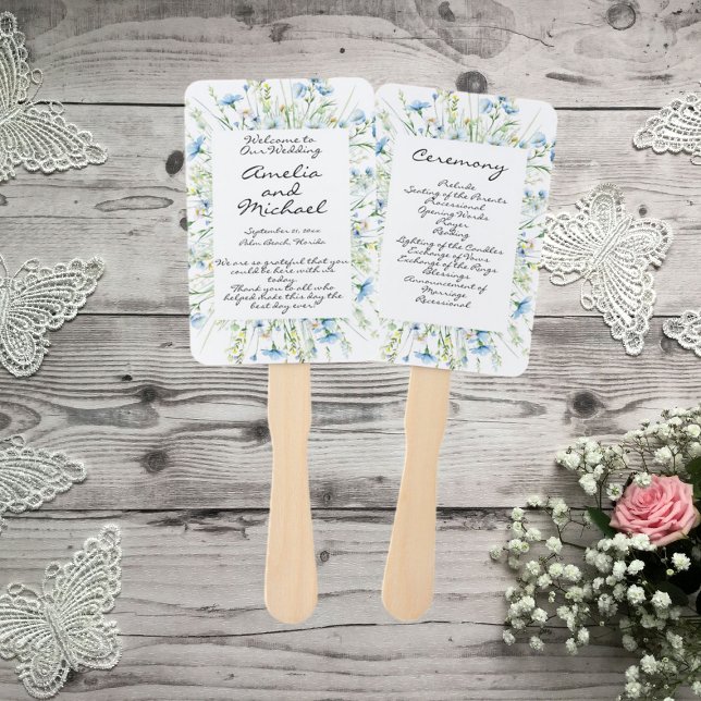 Éventail Watercolor Blue Wildflowers Wedding Programme (Créateur téléchargé)