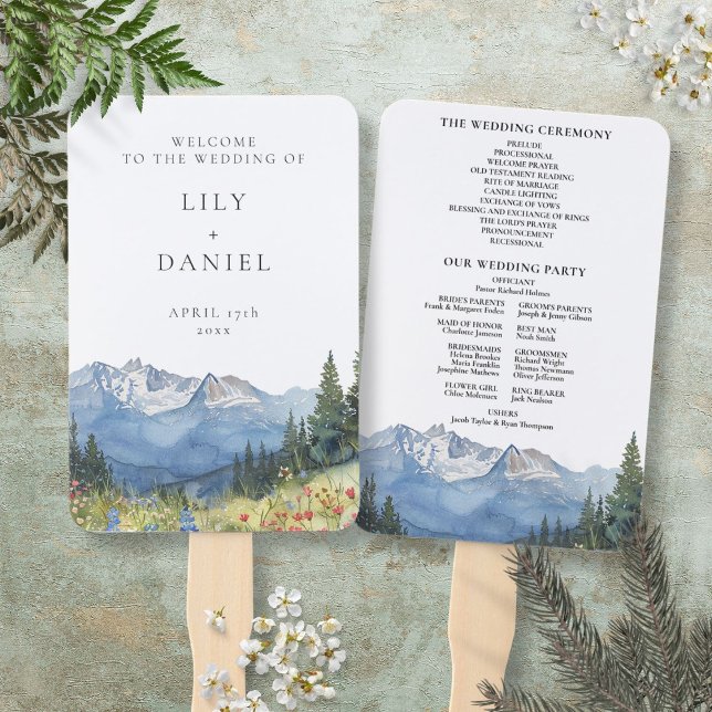 Éventail Watercolor Mountain Fleur sauvage Wedding Program (Watercolor Mountain Wildflower Wedding Program Hand Fan)
