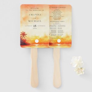 Éventail Watercolor Tropical Beach Sunset Wedding Programme