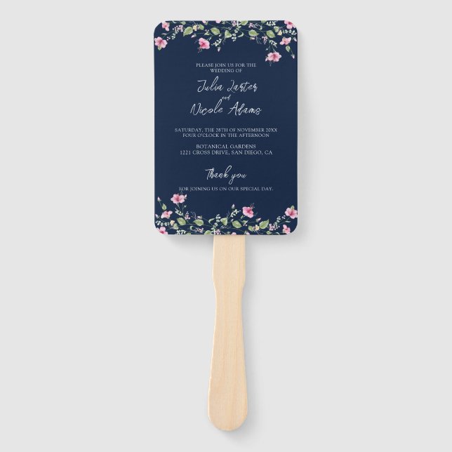 Éventail Wedding shower en fleur d'Hibiscus rose bleu marin (Devant)