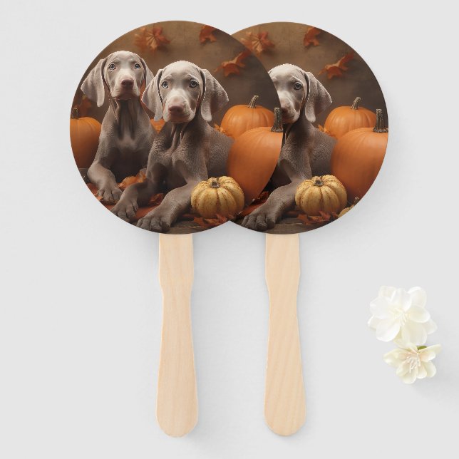 Éventail Weimaraner Chiot Automne Citrouille délice (Devant et derrière)