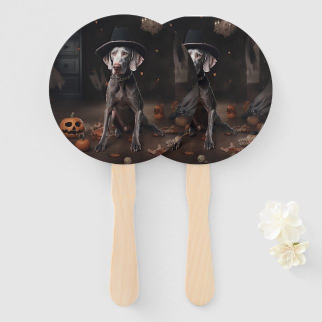 Éventail Weimaraner Citrouilles Halloween effrayant (Devant et derrière)