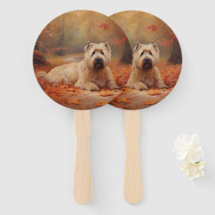 Éventail Wheaten Terrier dans les feuilles d'automne automn