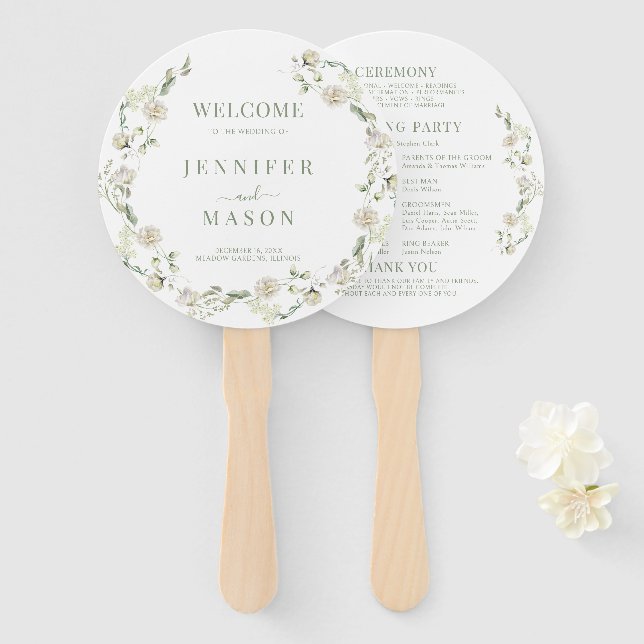 Éventail White Green Floral Wreath Boho Programme de mariag (Devant et derrière)