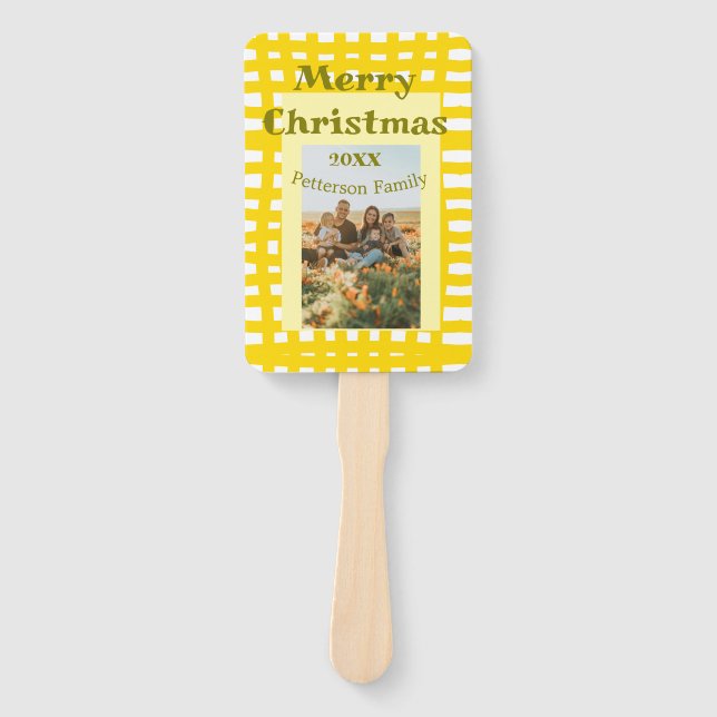 Éventail Yellow white plaid retro Christmas holiday family  (Devant)