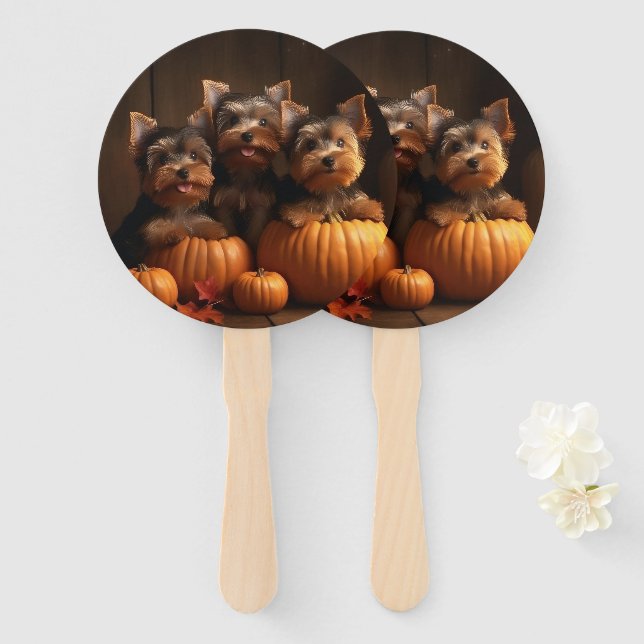Éventail Yorkshire Terrier Chiot Automne Citrouille délice (Devant et derrière)