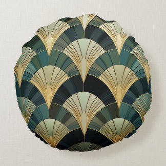Eventails Art Deco - Or auf Smaragd Rundes Kissen