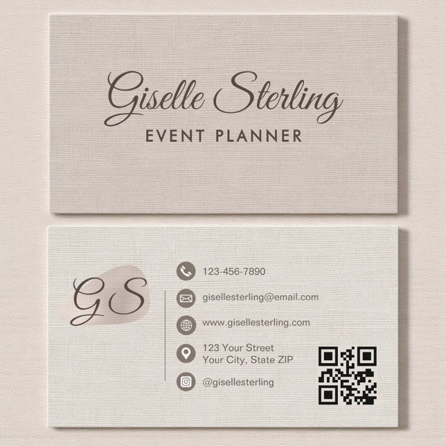 Eventplaner Beige Leinen Moderner Eleganter QR-Cod Visitenkarte (Von Creator hochgeladen)