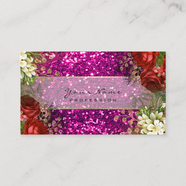 Eventplaner Blumenblätter Rote Rosen Rosa Glitzer Visitenkarte (Vorderseite)