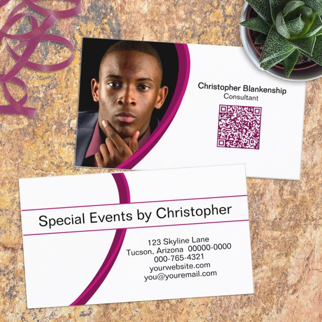 Eventplaner Burgundy White Custom Foto QR Code Visitenkarte (Custom photo and qr code double sided business card template)