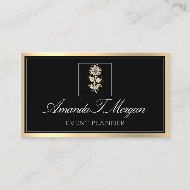 Eventplaner HochzeitGold-Blume-Rahmen Schwarz Visitenkarte (Vorderseite)