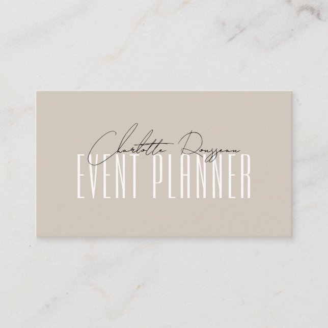 Eventplaner Moderne Typografie Script Beige Visitenkarte (Vorderseite)