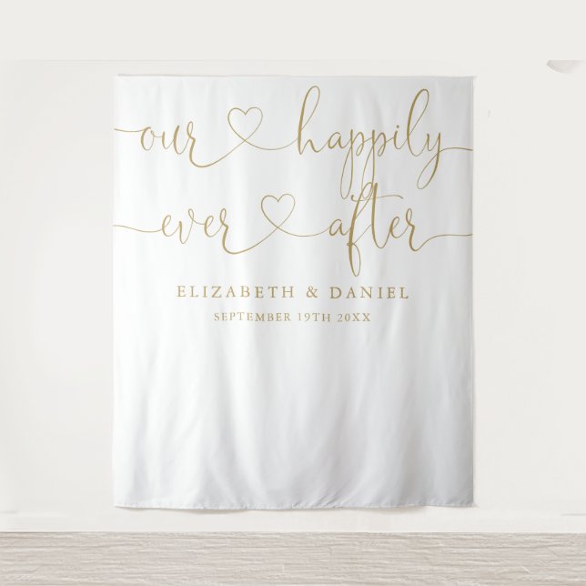 Ever After Gold Heart Wedding Foto Hintergrund Wandteppich (Vorderseite)