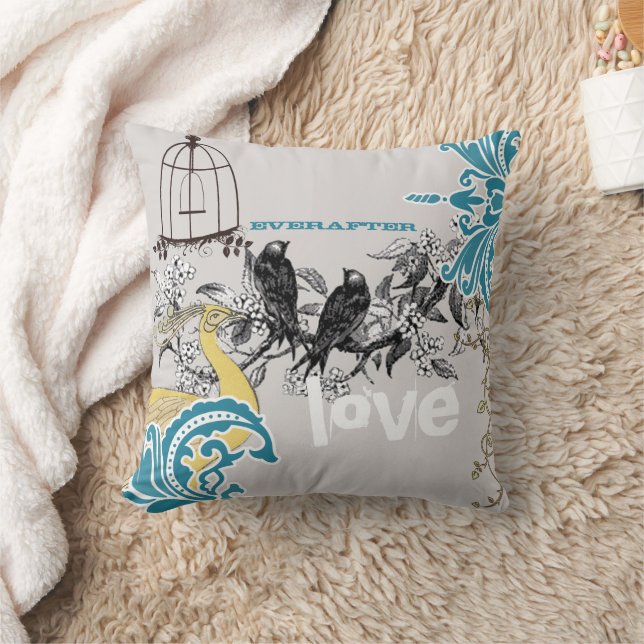 Everafter Bride Aquamarin Yellow Gray Peacock Bird Kissen (Decke)