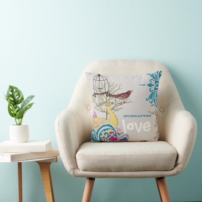 Everafter Bride Aquamarin Yellow Gray Peacock Bird Kissen (Stuhl )