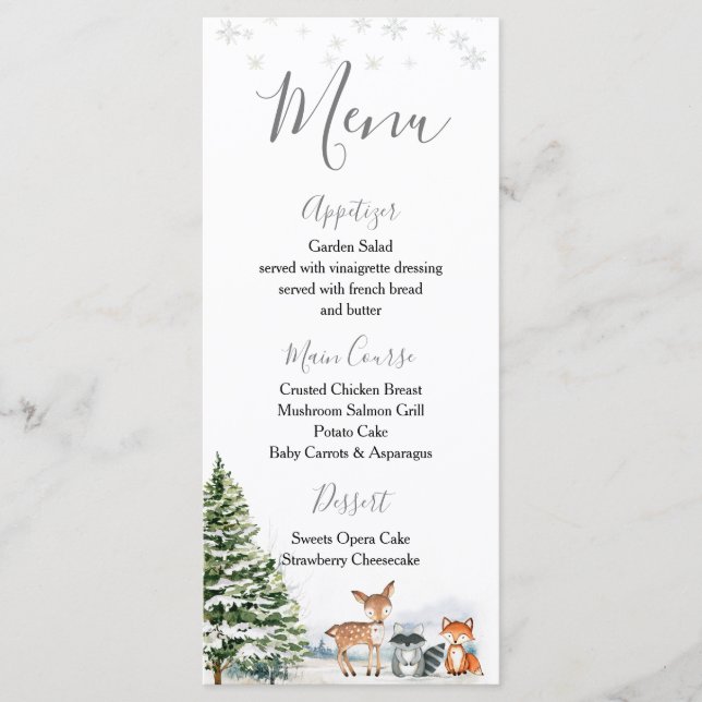 Evergreen Animal Winter Onederland Birthday Menükarte (Vorderseite)