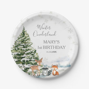 Evergreen Animal Winter Onederland Birthday Pappteller
