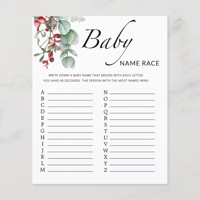 Evergreen baby Dusche Baby Name Race (Vorderseite)