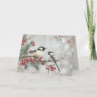Evergreen Branch mit Chickades und Schneeflocken Karte