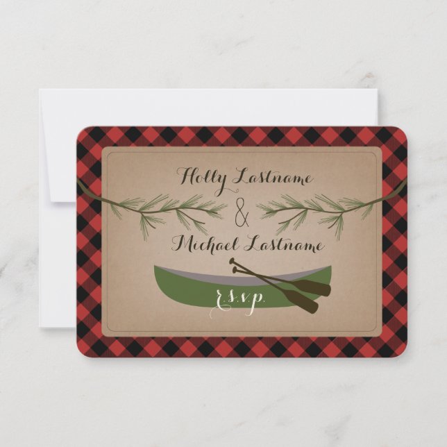 Evergreen Branches + Canoe Kariert Wedding R.S.V.P RSVP Karte (Vorderseite)