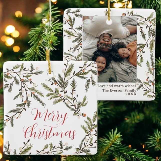 Evergreen Branches Festtage Foto Weihnachten Keramikornament (Evergreen Branches Festive Holiday Photo Christmas Ceramic Ornament)