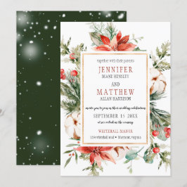 Evergreen Branches Red Poinsettia Gold Wedding | Einladung