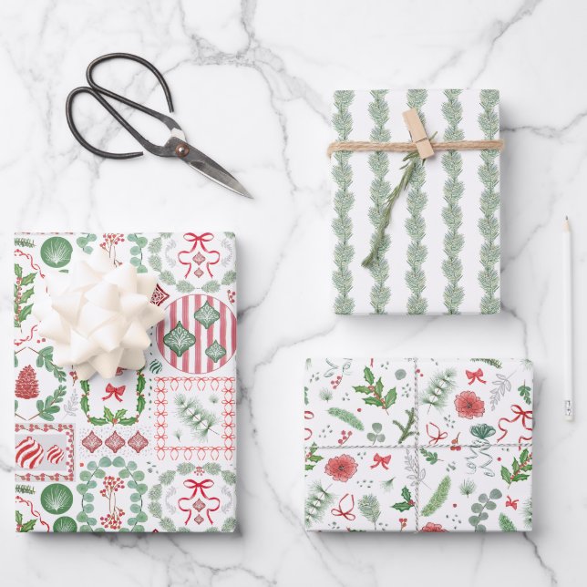 Evergreen Christmas Foliage Berries Spruce und Bow Geschenkpapier Set (Vorderseite)