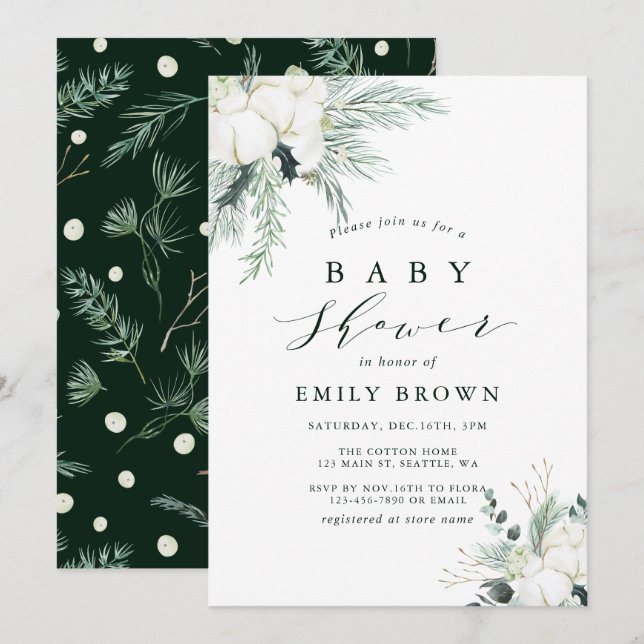 Evergreen & Cotton Blume Bouquet Babydusche Einladung (Vorne/Hinten)