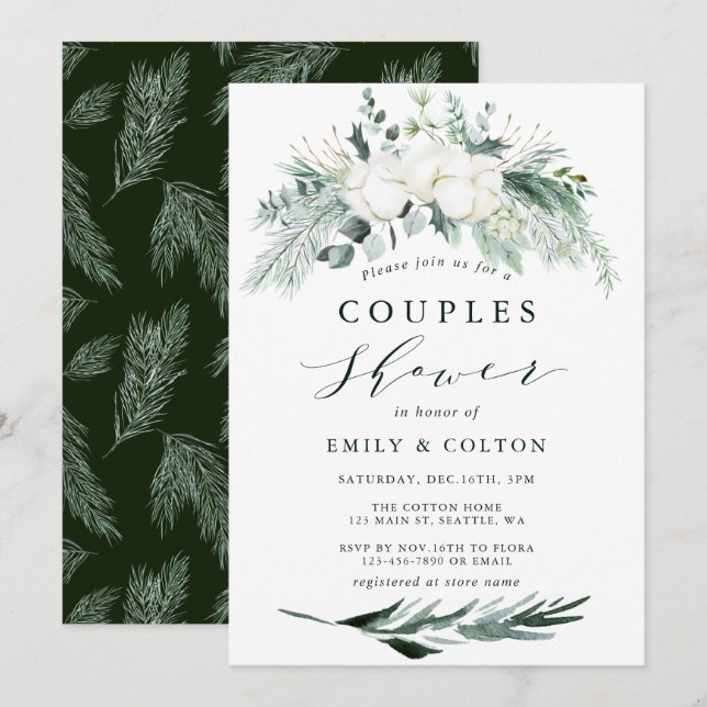 Evergreen & Cotton Blume Bouquet Couples Dusche Einladung (Vorne/Hinten)