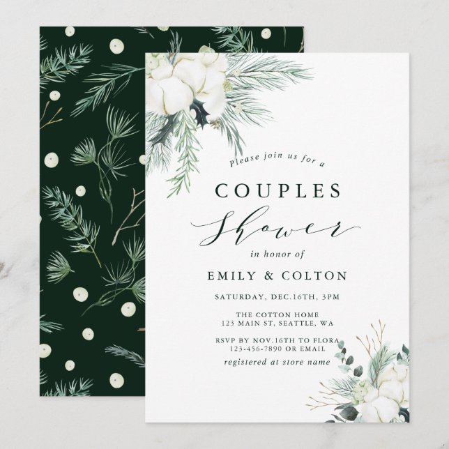 Evergreen & Cotton Blume Bouquet Couples Dusche I Einladung (Vorne/Hinten)