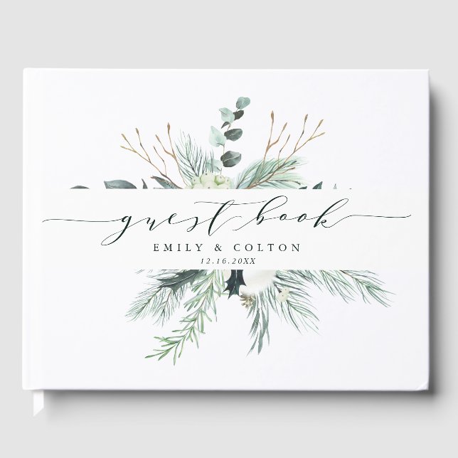 Evergreen & Cotton Blume Elegante Hochzeit Gästebuch (Vorderseite)