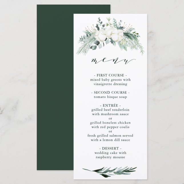 Evergreen & Cotton Blume Elegante Hochzeit Menükarte (Vorne/Hinten)