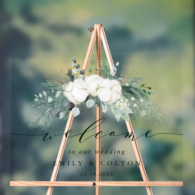 Evergreen & Cotton Blume Elegante Hochzeit Willkom Acrylschild (Neutral)