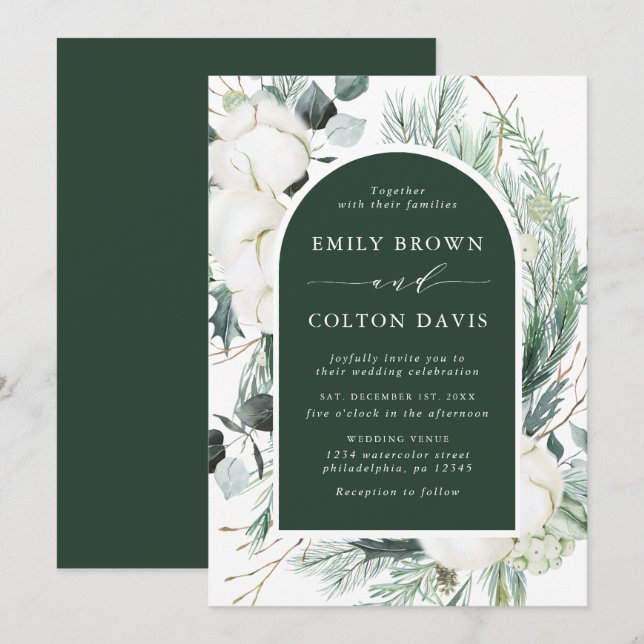 Evergreen & Cotton Blume Elegante Wedding Green Einladung (Vorne/Hinten)
