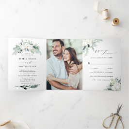 Evergreen & Cotton Blume Elegantes Hochzeitsfest - Dreifach Gefaltete Einladung