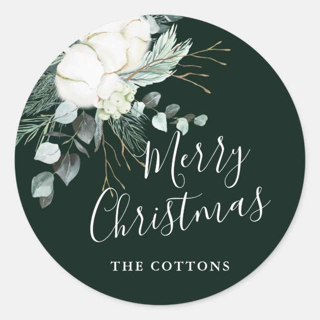 Evergreen & Cotton Blume Frohe Weihnachten Grün Runder Aufkleber (Vorderseite)