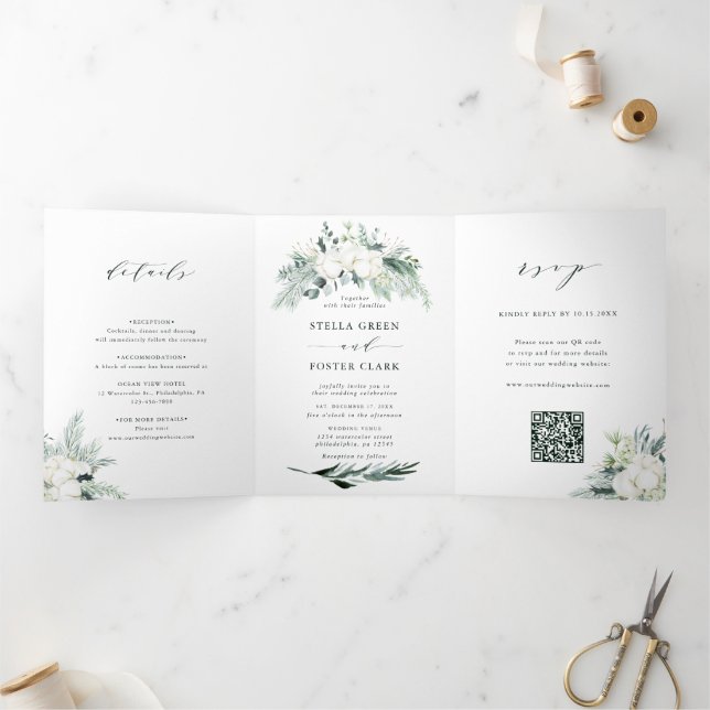 Evergreen & Cotton Blume QR Code UAWG Wedding Dreifach Gefaltete Einladung (Innenseite)
