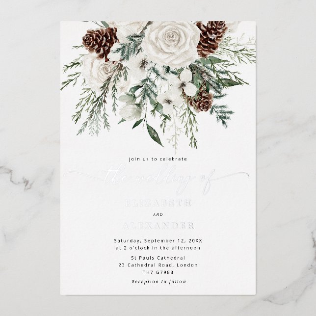 Evergreen elegante Winterhochzeit Silver Folieneinladung (Vorderseite)